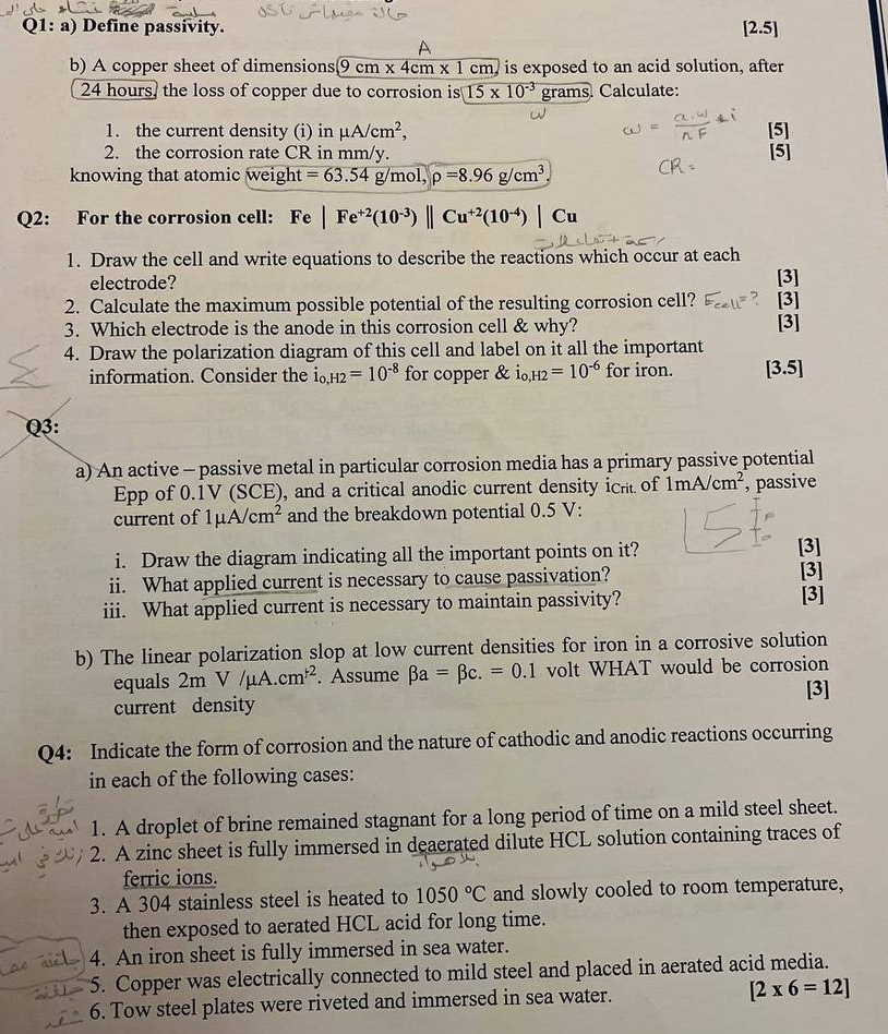 Q1: a) Define passivity. b) A copper sheet of dimensions 9cm4cm1cm,