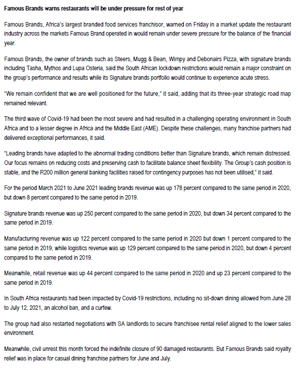  Famous Brands warns restaurants will be under pressure for rest of