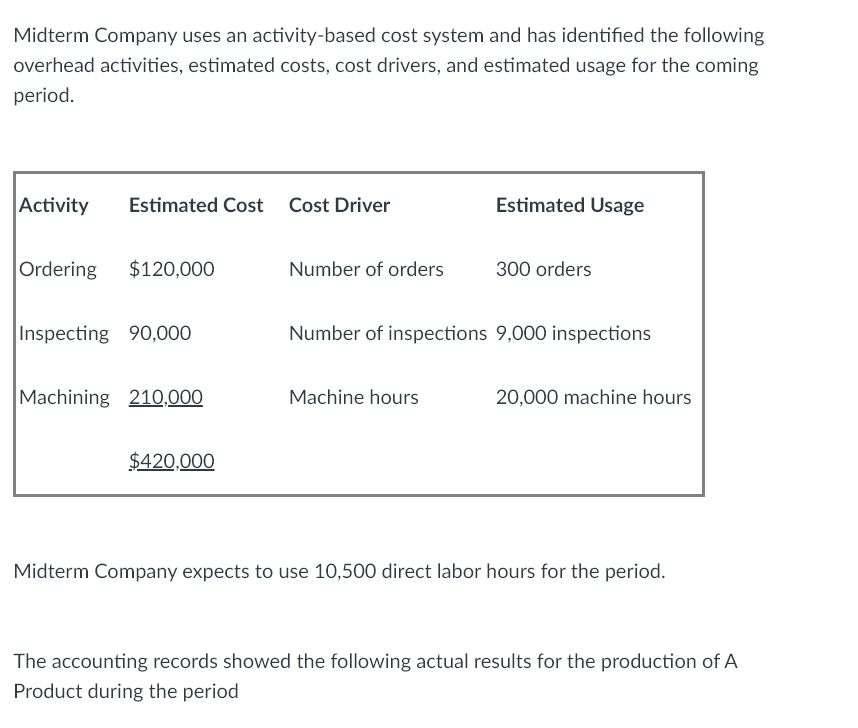  Midterm Company uses an activity-based cost system and has identified the