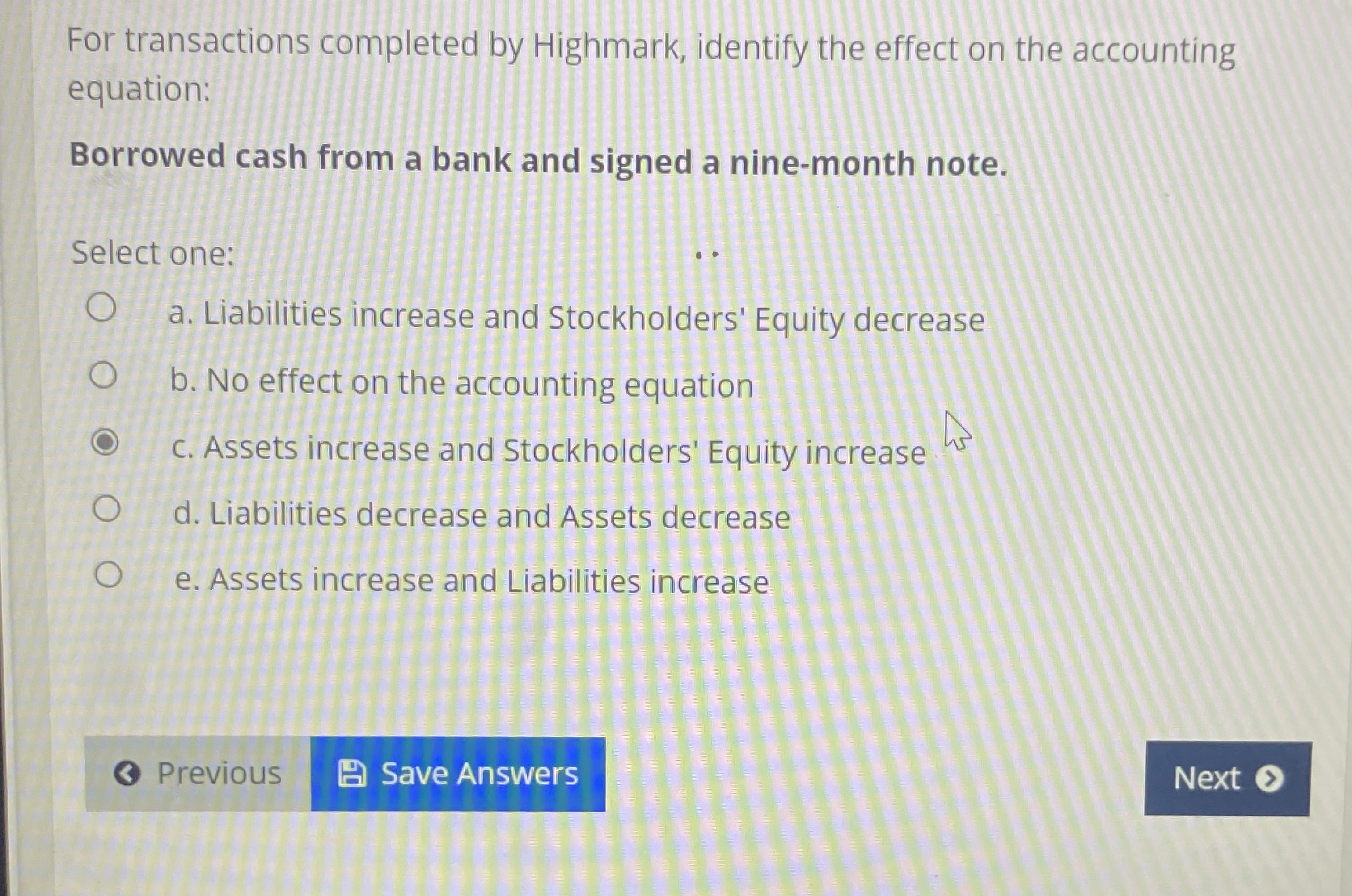  For transactions completed by Highmark, identify the effect on the accounting