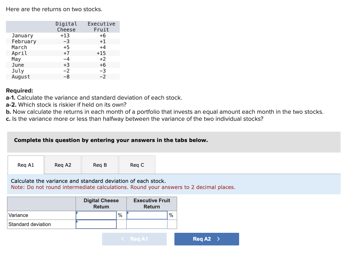  Here are the returns on two stocks. Required: a-1. Calculate the