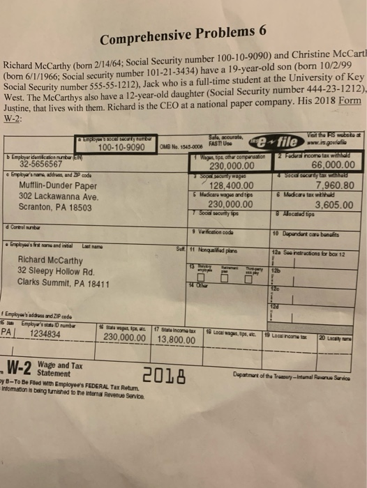  Comprehensive Problems 6 Richard McCarthy (born 2/14/64: Social Security number 100-10-9090)