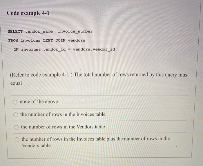  Code example 4-1 SELECT vendor_name, invoice_number FROM invoices LEFT JOIN vendors
