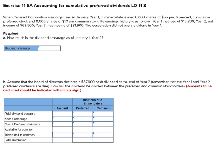  Exercise 11-6A Accounting for cumulative preferred dividends LO 11-3 When Crossett