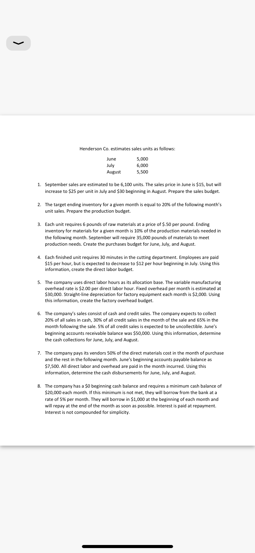 Each section requires a budget to be completed. s Henderson Co. estimates