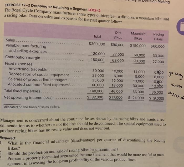  ision Making EXERCISE 12-2 Dropping or Retaining a Segment L012-2 The