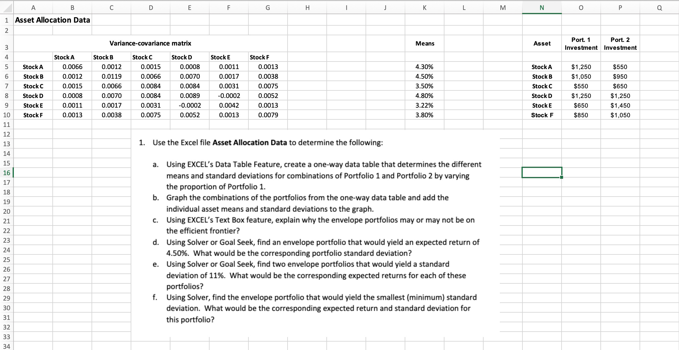  Asset Allocation Data a. Using EXCEL's Data Table Feature, create a