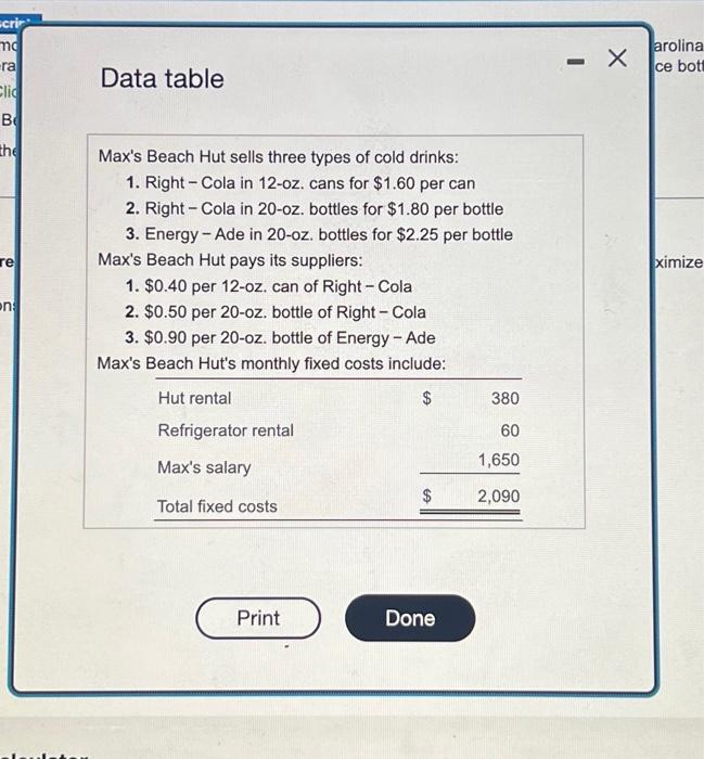 please help Data table Max's Beach Hut sells three types of cold