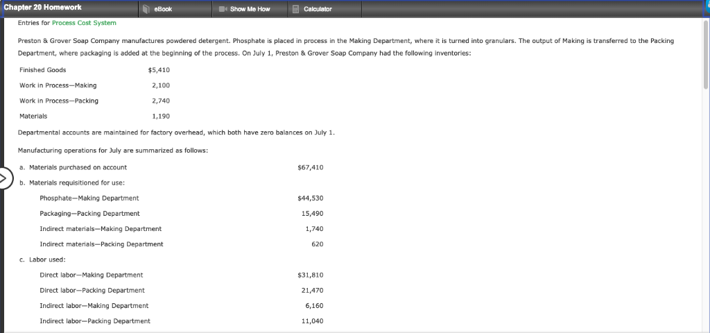  Chapter 20 Homework Show Me HowCalculator eBook Entries for Process Cost