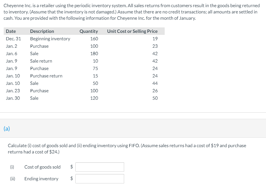  Cheyenne Inc. is a retailer using the periodic inventory system. All