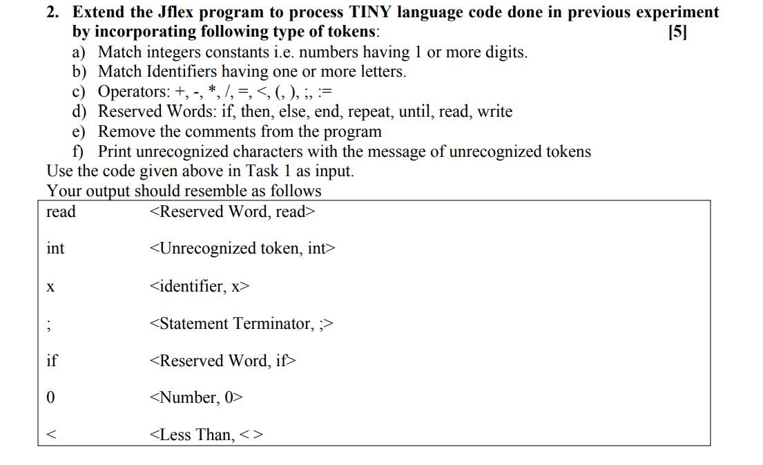 java 2. Extend the Jflex program to process TINY language code done