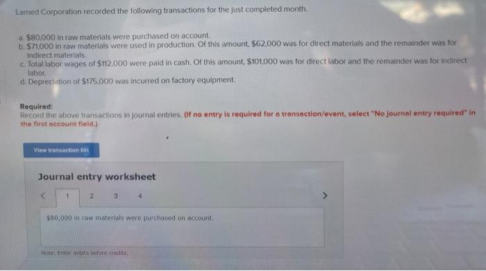  Journal entry worksheet 1 2 3 4 Total labor wages of