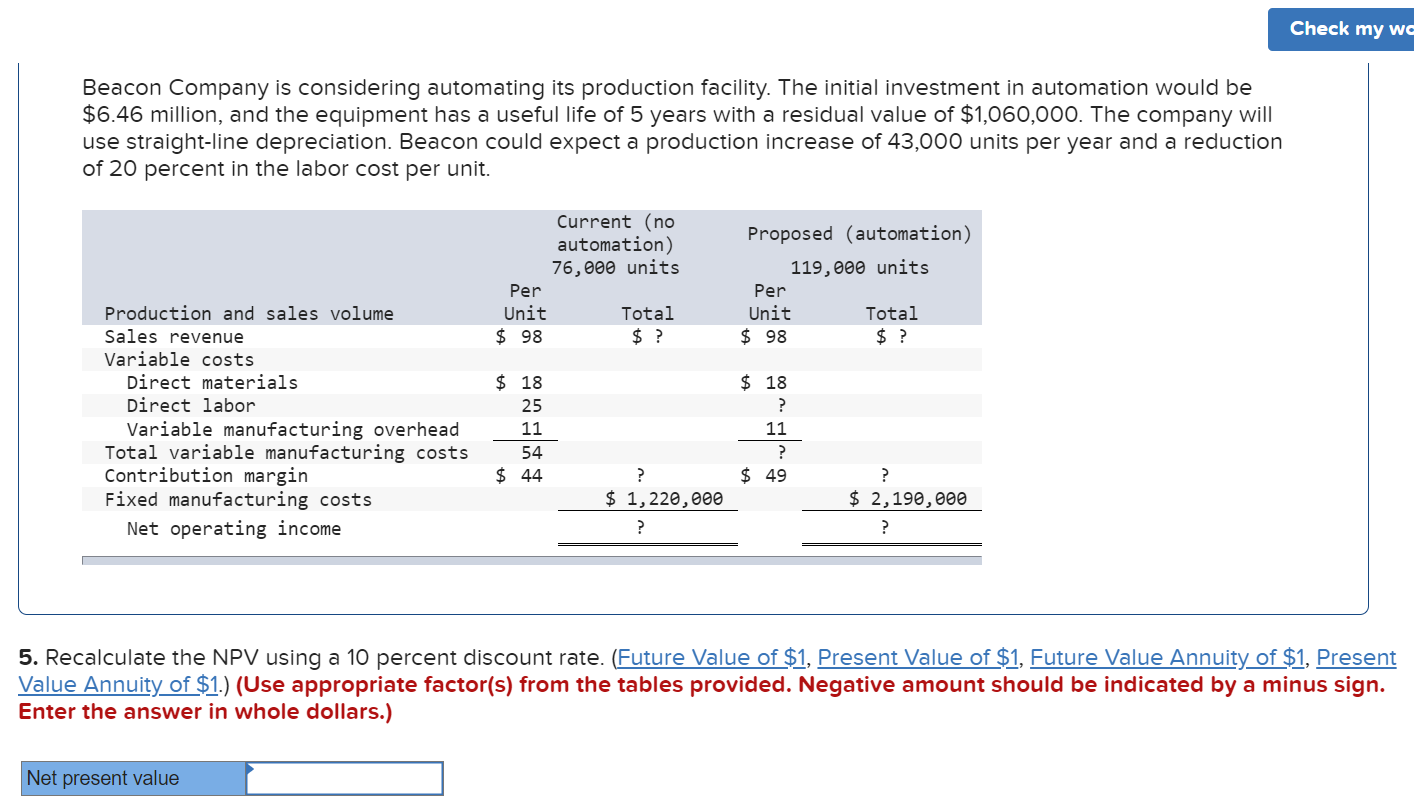  Beacon Company is considering automating its production facility. The initial investment