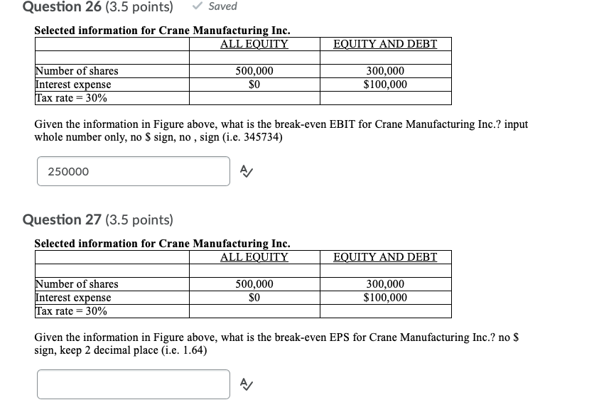 Question 26 (3.5 points) Saved Selected information for Crane Manufacturing Inc.