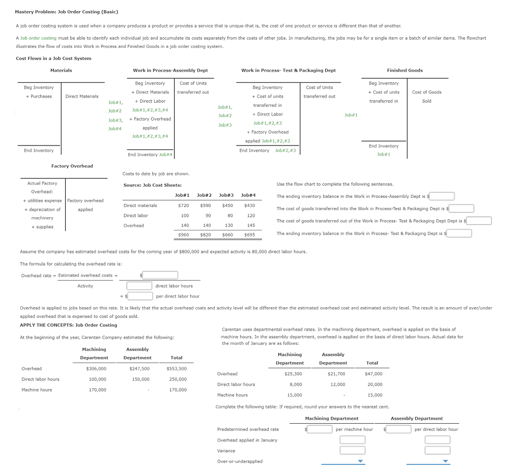  Mastery Problem: Job Order Costing (Basic) A job order costing system