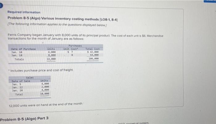  Required information Problem 8-5 (Algo) Various inventory costing methods (L08-1,8-4) [The