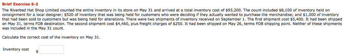 Brief Exercise 6-2 The Riverbed Hat Shop Limited counted the entire