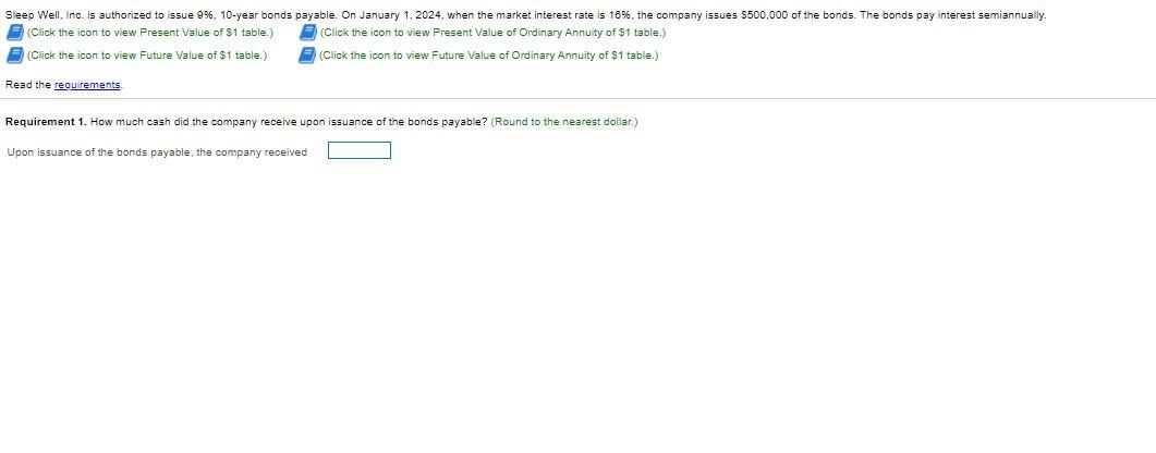 please provide steps Sleep Well, Inc. is authorized to issue 9%, 10-year