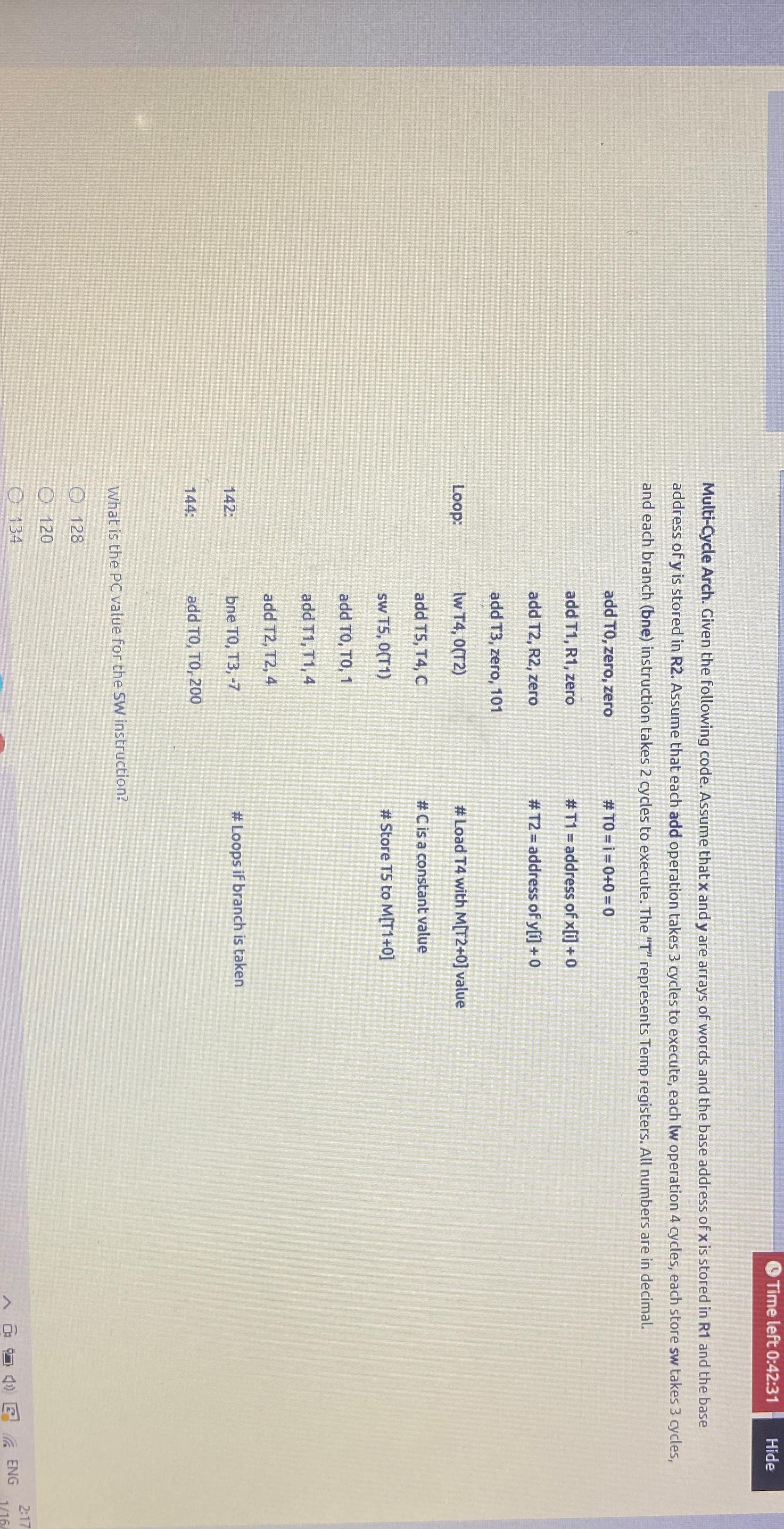  Multi-Cycle Arch. Given the following code. Assume that x and y