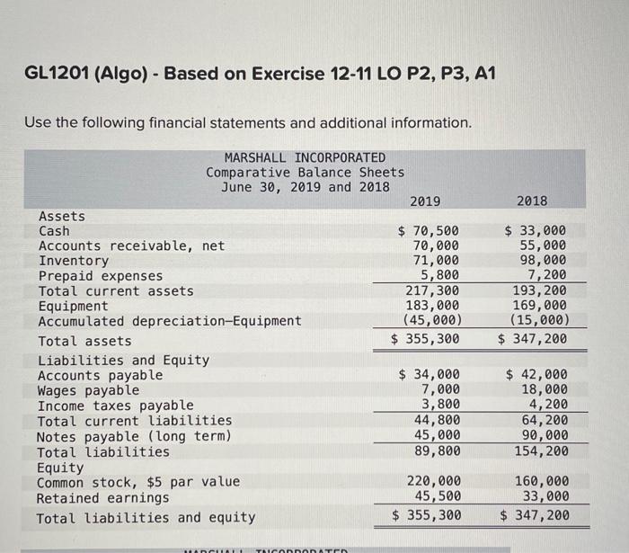  GL1201 (Algo) - Based on Exercise 12-11 LO P2, P3, A1