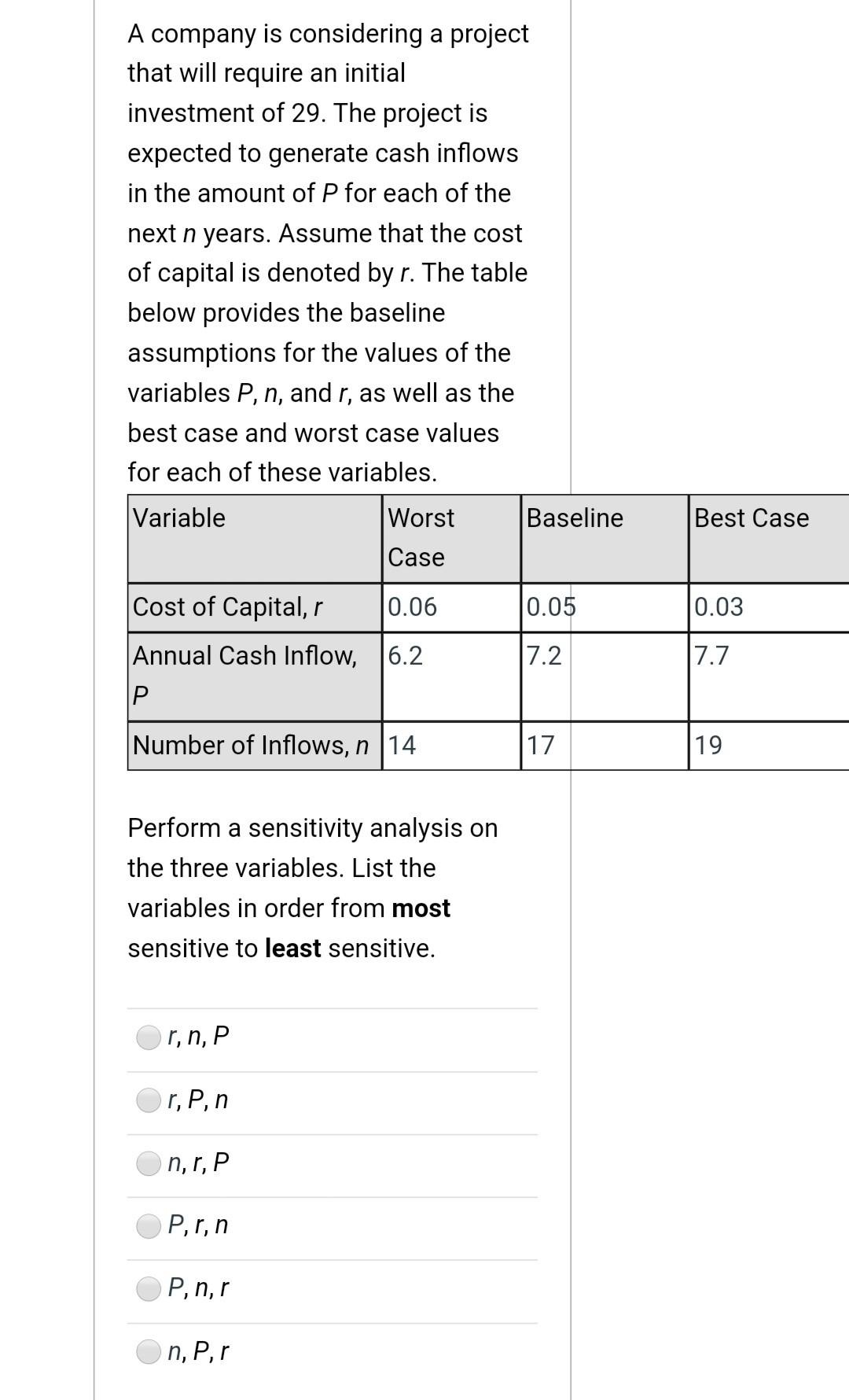 A company is considering a project that will require an initial