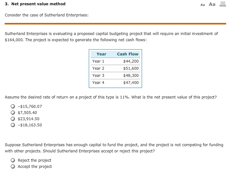 3. Net present value method Aa AaE Consider the case of