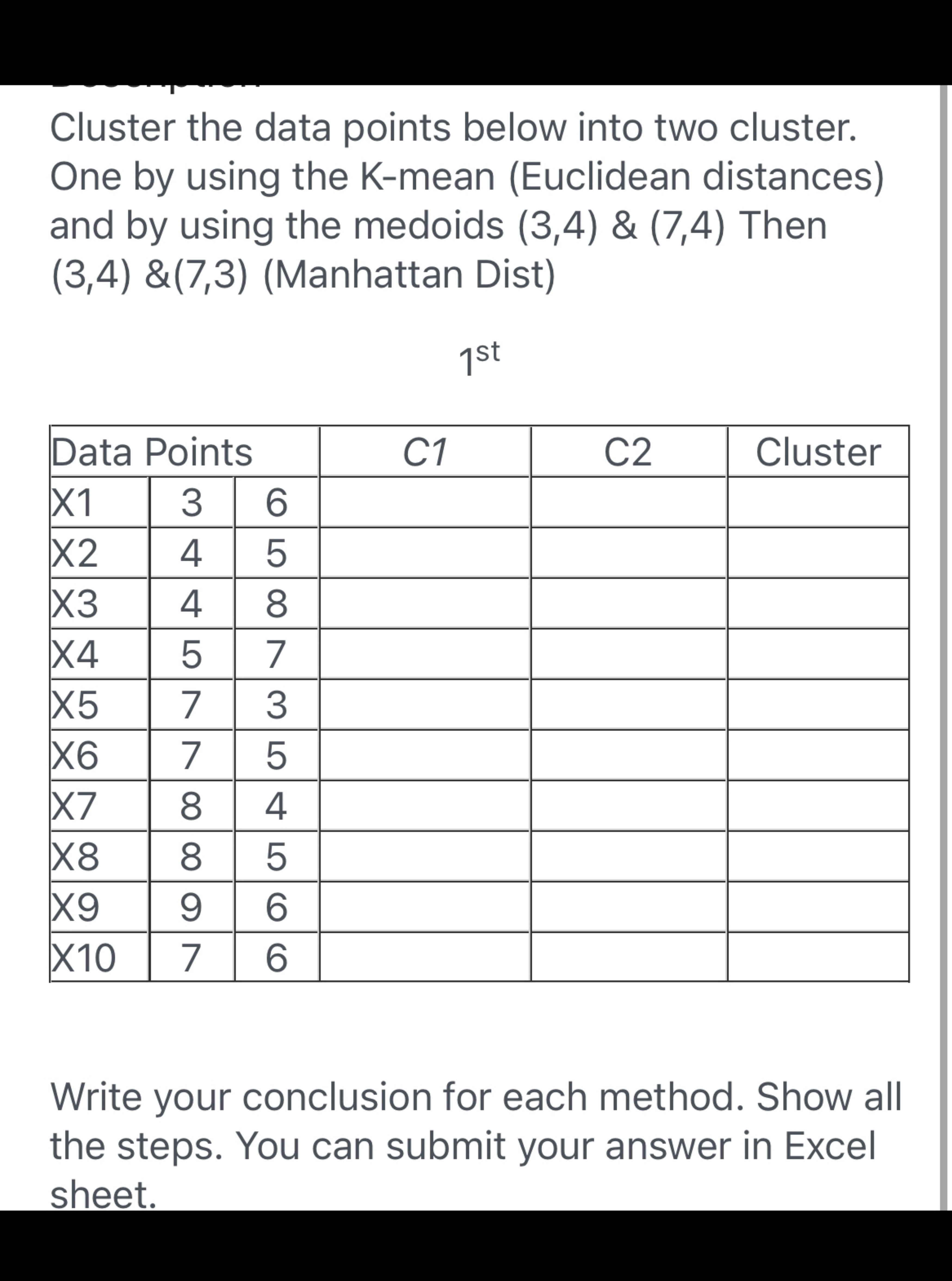  PLEASE SHOW FULL WORK Cluster the data points below into two