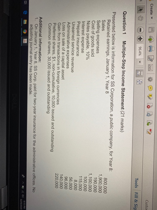  Create - Custor 4 96.4% 11 Tools Fill & Sig Question