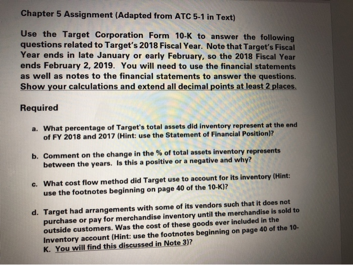  Chapter 5 Assignment (Adapted from ATC 5-1 in Text) Use the