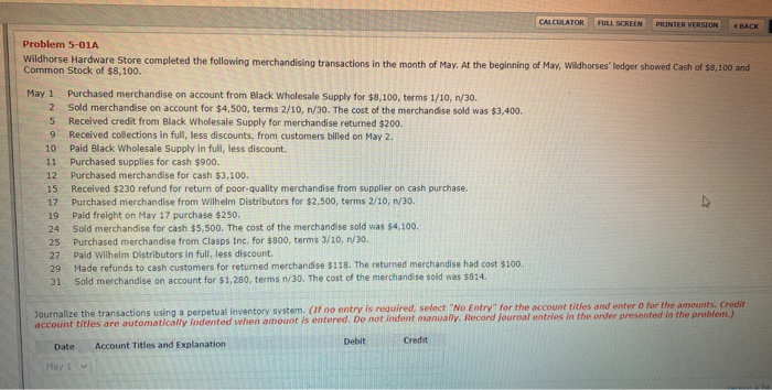  CALCULATOR FULL SCREEN PRINTER VERSION BACK Problem 5-01A Wildhorse Hardware Store