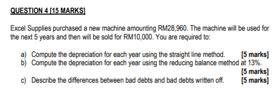 QUESTION 4 [15 MARKSI Excel Supplies purchased a new machine amounting
