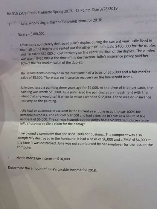  25 Points Due 3/26/2019 BA 315 Extra Credit Problems Spring 2019.