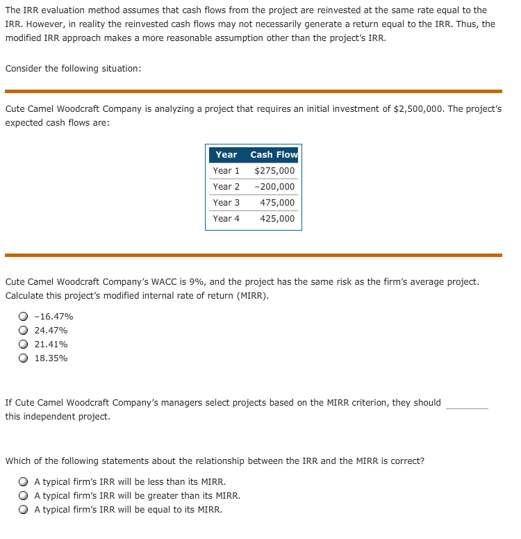  The IRR evaluation method assumes that cash flows from the project
