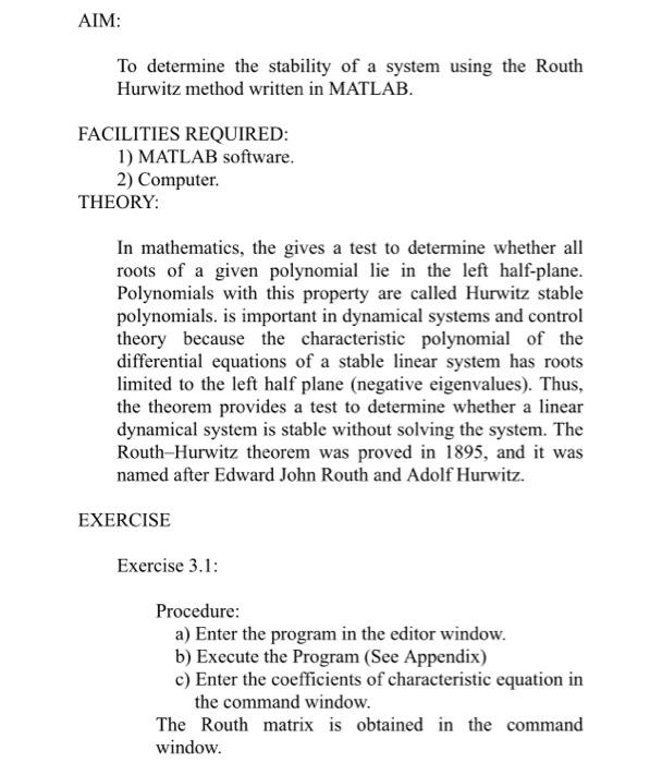 b) Execute the Program (See Appendix) c) Enter the coefficiens of characteristic