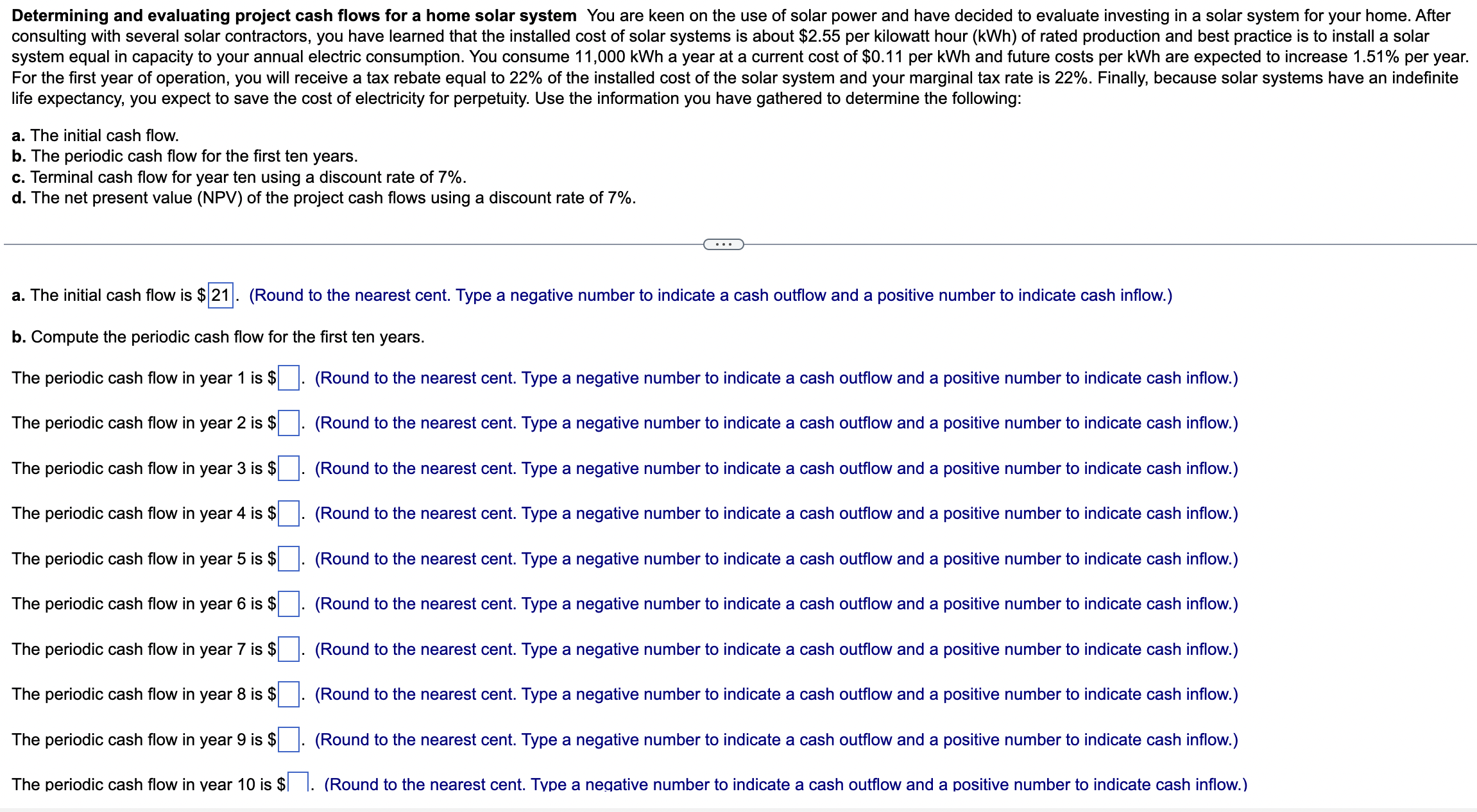  Determining and evaluating project cash flows for a home solar system