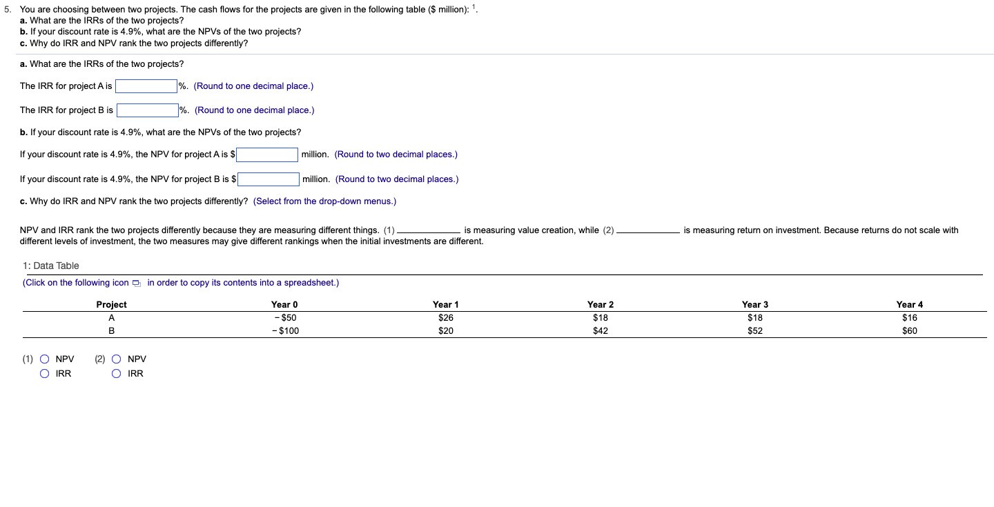 You are choosing between two projects. The cash flows for the