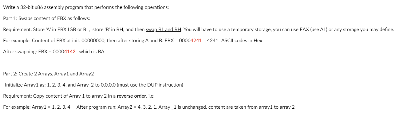 C++ Write a 32-bit x86 assembly program that performs the following operations: