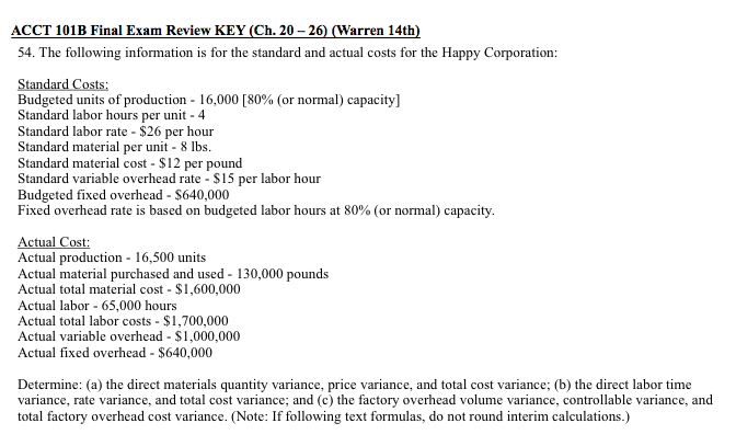  ACCT 101B Final Exam Review KEY (Ch. 20 26) (Warren 14th)