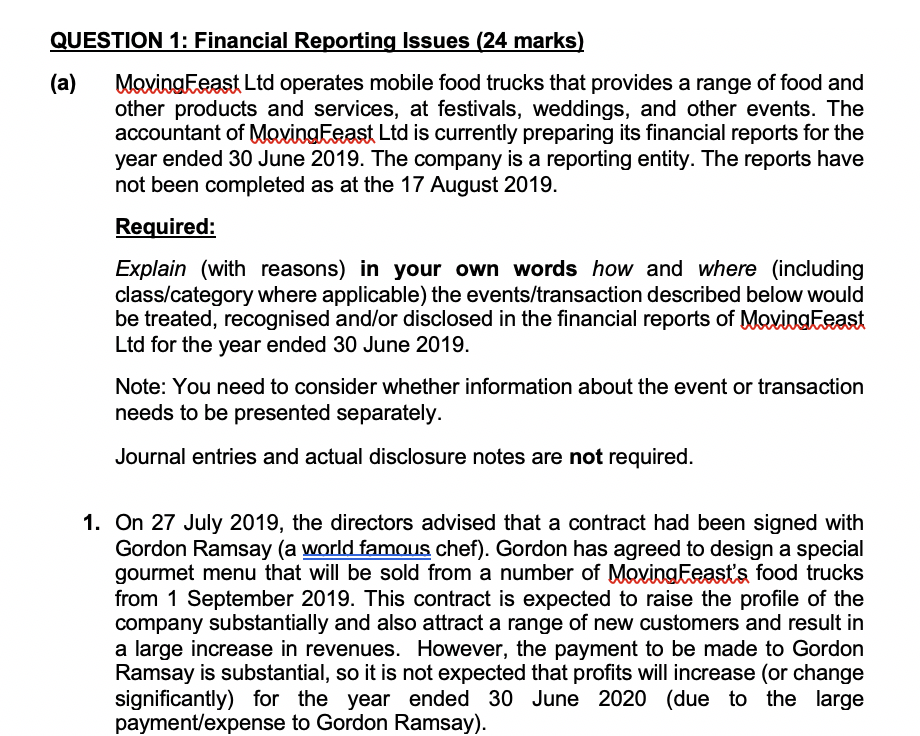 QUESTION 1: Financial Reporting Issues (24 marks) (a) MovingFeast Ltd operates