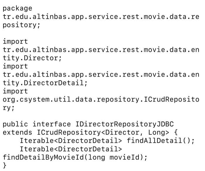 eSpringBootTest class AppTests \{ (DTest void contextLoads() \{ \} package tr.edu.altinbas.app.service.rest.movie.dto; import