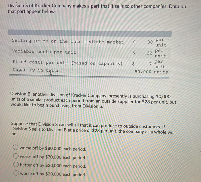  Division Sof Kracker Company makes a part that it sells to