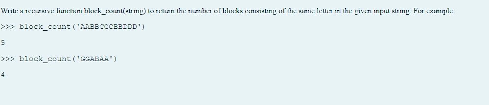 Write a recursive function block_count(string) to return the number of blocks