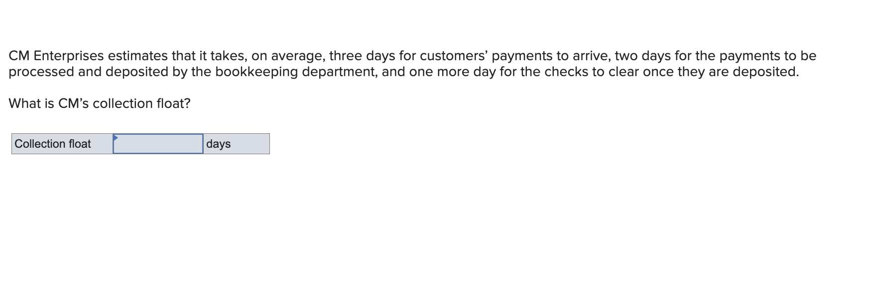  CM Enterprises estimates that it takes, on average, three days for