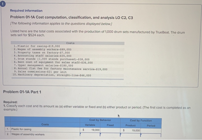  Required information Problem 01-1A Cost computation, classification, and analysis LO C2,
