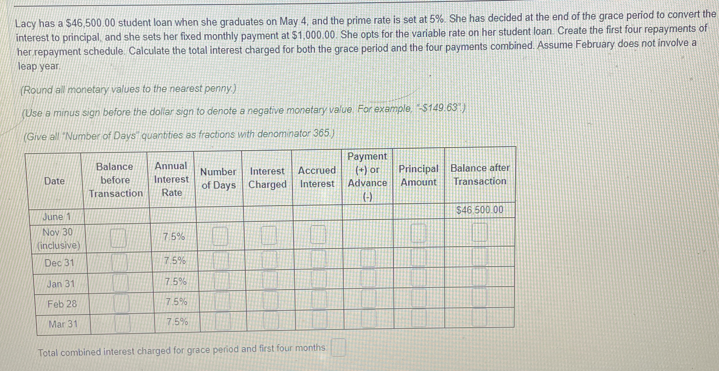  Lacy has a $46,500.00 student loan when she graduates on May
