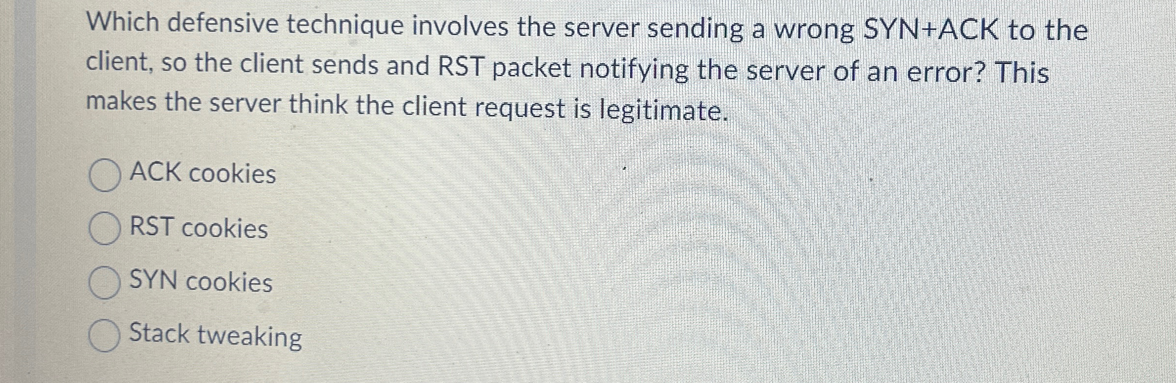  Which defensive technique involves the server sending a wrong SYN+ACK to