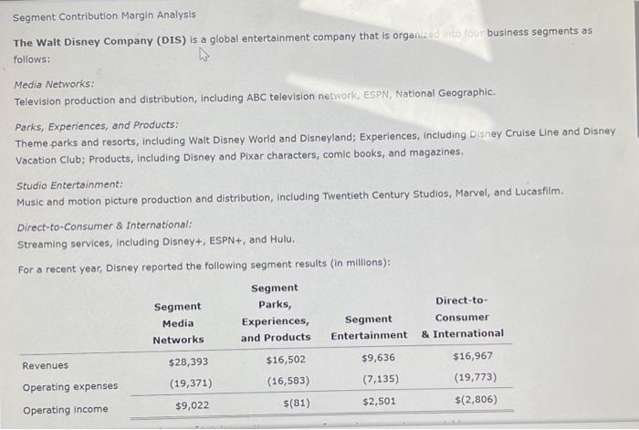 please answer the folowing quick Segment Contribution Margin Analysis The Walt Disney