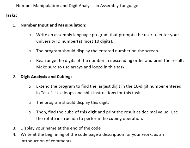  write an assembly 8086 program to perform these tasks(emu8086): Tasks: Number