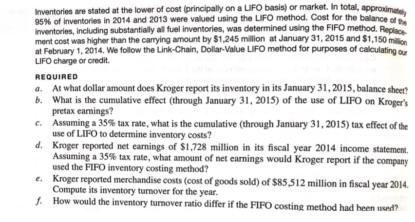 the 2014 and 2013 fiscal year end balance sheets of The Kroger