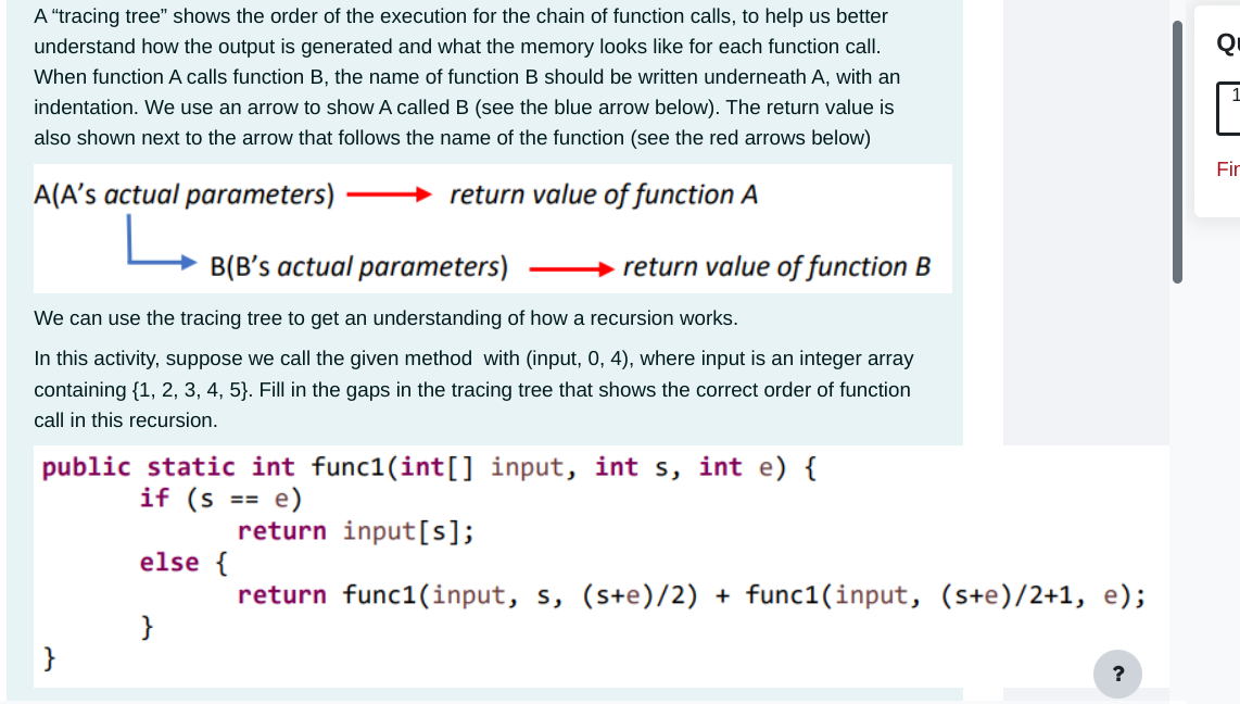  public static int func1(int[] input, int s, int e if (s==e)